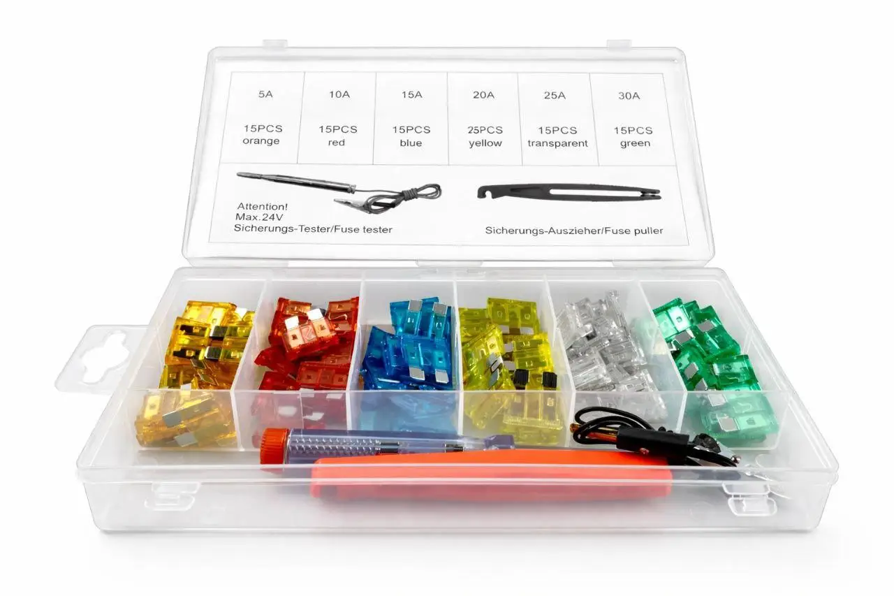 Набір запобіжників 93 шт (5А, 10А, 15А, 20А, 25А, 30А) ЗАХОПЛЕННЯ + ТЕСТЕР 6-24В (ПЛАСТИКОВИЙ БОКС)